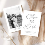 Reserve A Data Imagem Branca Preta do Script Elegante no Casament<br><div class="desc">Este cartão de lançamento Salvar a Data contém um título de script elegante e seu texto personalizado,  com uma foto no verso. Use a modelo para adicionar suas informações. As cores e o filtro de fotos (preto e branco ou colorido) podem ser alterados com a Ferramenta Design.</div>