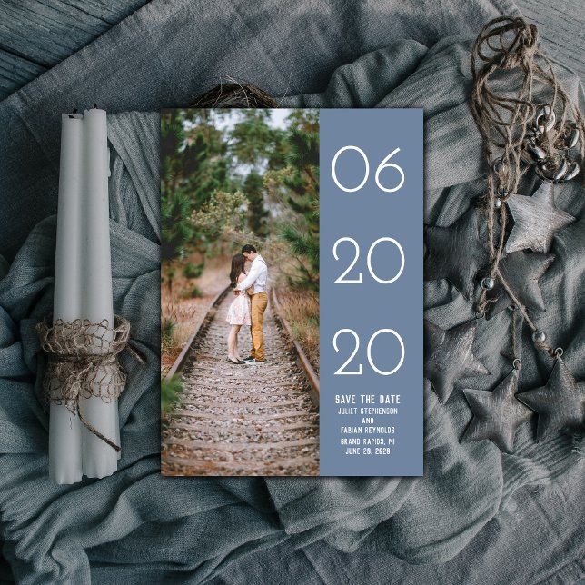 Reserve A Data Imagem do Lado Elegante - Salvar a Data | Azul (Blue Elegant Side Swept Photo Save the Date)