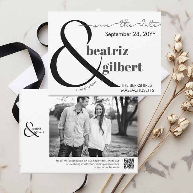 Reserve A Data Imagem em preto e branco legante Salvar a Data (Modern Elegant typography save the date with your photo and QR code.)