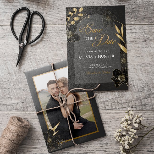 Reserve A Data Imagem Floral Dourada e Preta Moderna Elegante (Modern elegant Black and Gold Floral Photo Save the Date)