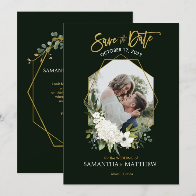 Reserve A Data Imagem Geométrica Dourada Floral Branca Elegante (Frente/Verso)