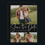 Reserve A Data Imagem moderna trendê três fotos<br><div class="desc">Com três fotos e um roteiro moderno escrito "salve a data" em branco sobre um fundo preto, este cartão é a maneira perfeita de anunciar seu noivado e o próximo casamento para amigos e familiares. O texto branco é ousado e moderno, mas ainda sofisticado. O texto personalizável na frente tem...</div>