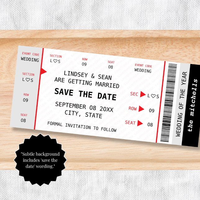 Reserve A Data Ingresso de Concerto Música Show Presente de Casam (Concert Ticket Music Gig Unique Wedding Save The Date)
