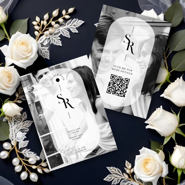 Reserve A Data Iniciais Pretos de Transparência de Vellum (Exquisite Delicate Vellum Transparency Elegant Black & White Wedding Initials 2 Photos Save the Date)
