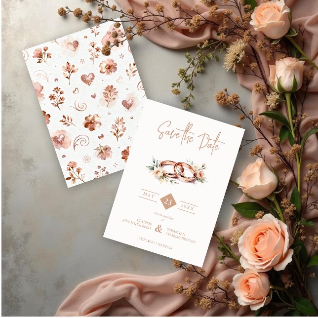 Reserve A Data Intertwined Timeless Wedding Rings in Rose Gold (Intertwined Timeless Wedding Rings in Rose Gold Effect with Flowers Save the Date Cards. )