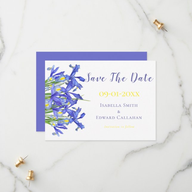 Reserve A Data Íris Românticas Azuis Casamento Aquarela Floral (Frente/Verso In Situ)