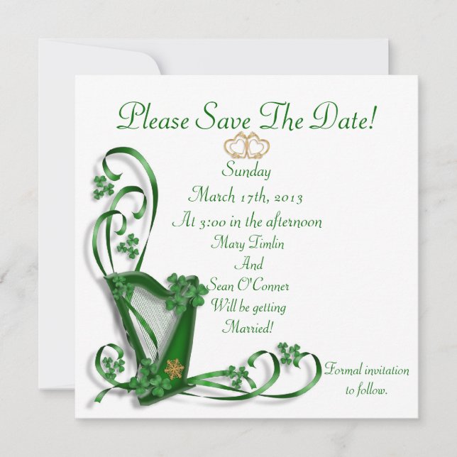 Reserve A Data Irish Save date for Wedding, Harp (Frente)