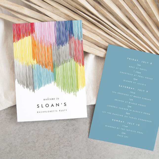 Reserve A Data Itinerário da Festa de solteira de Fringe Moderna (Colorful rainbow modern fringe fiesta bachelorette party itinerary cards.)