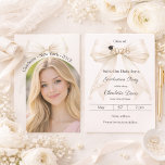 Reserve A Data Ivory bow pearls photo arch Graduation party<br><div class="desc">Announce your milestone with this Coquette Graduation Save the Date. The design features a lush ivory bow embellished with delicate pearl strands and a classic mortarboard icon. Perfect for the stylish senior girl looking to share her portrait with family and friends.</div>