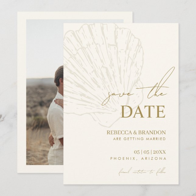 Reserve A Data Ivory & Gold Hand Drawn Coastal Seashell Wedding (Frente/Verso)