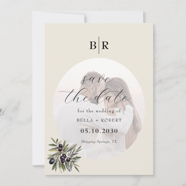 Reserve A Data Ivory Olive Branch Monogram Photo Wedding (Frente)