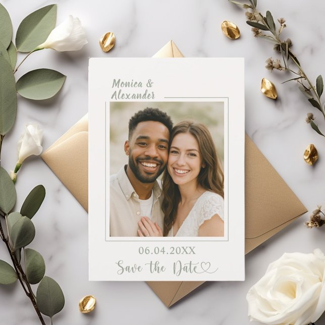 Reserve A Data Ivory sage green photo wedding Save the Date (Criador carregado)