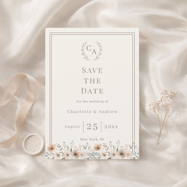 Reserve A Data Ivory taupe monogram floral wreath wedding (Criador carregado)