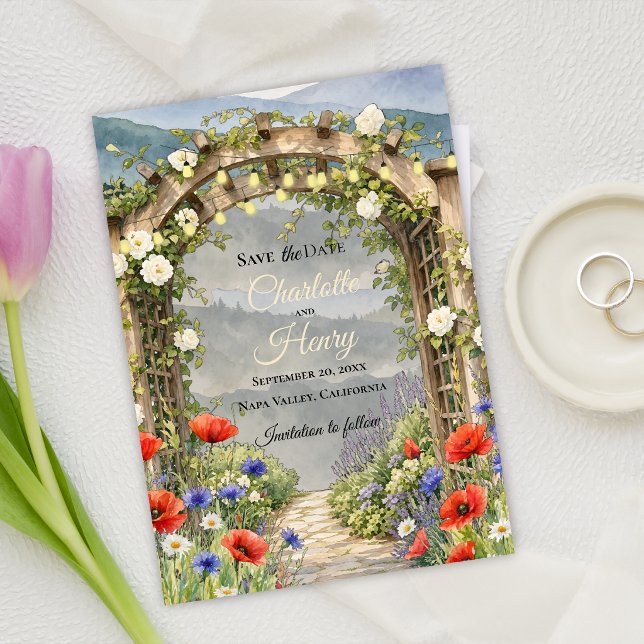 Reserve A Data Jardim de Flores Silvestres Arbor Casamento Rústic (Wildflower Garden Arbor Save the Date | Rustic Outdoor Wedding Announcement)