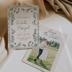 Reserve A Data Jardim Floral Desenhado à Mão Verde Escuro Foto Ca