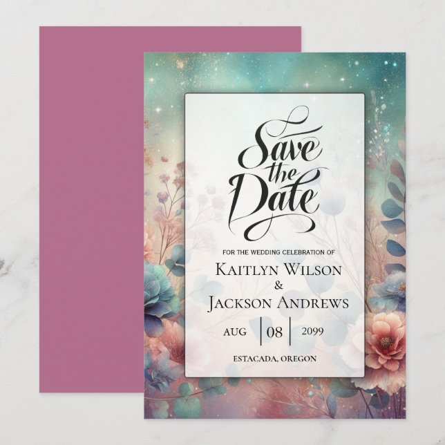 Reserve A Data Jardim Secreto em Casamento Brilhante à Noite (Frente/Verso)