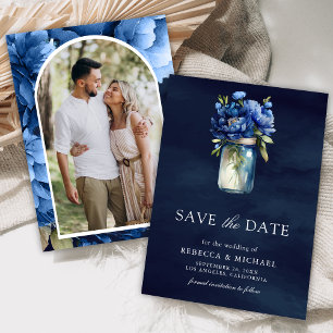 Reserve A Data Jarra de Mason Floral Azul Escuro Foto Casamento