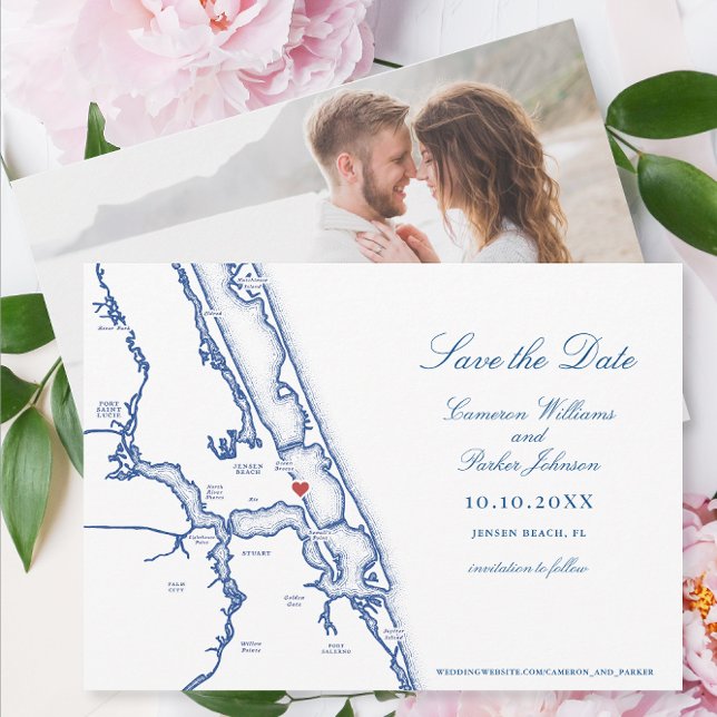 Reserve A Data Jensen Beach FL Mapa Elegante Marinho Casamento Az (Jensen Beach FL Map wedding Save the Date for an elegant navy blue Mansion wedding )