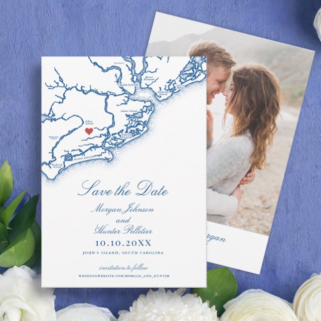 Reserve A Data Johns Island SC Map Elegant Navy Blue Wedding (Johns Island SC Map Wedding Save the Date with Photo in Elegant Navy Blue by Coastal Map Designs)