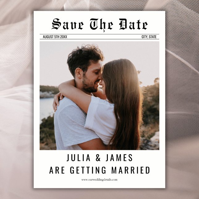 Reserve A Data Jornal Única Clássica Simples Foto Casamento (Newspaper Save the date unique classic simple photo wedding save the date card)