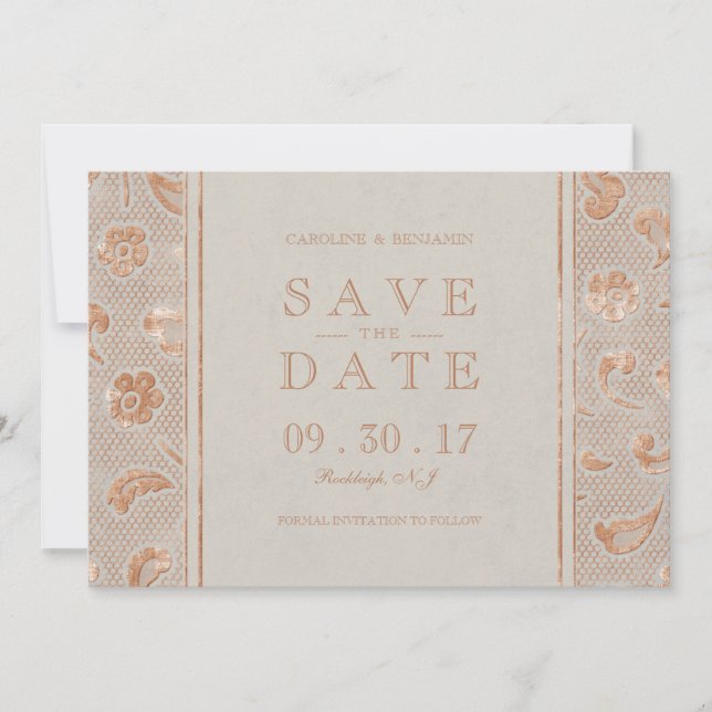 Reserve A Data Kraft dourado Lace rústico casamento salvar a data (Frente)