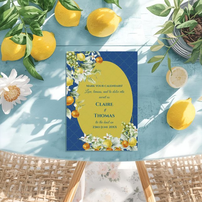 Reserve A Data La Dolce Vita Lemon Blue Mediterranean Wedding (La Dolce Vita Lemon Blue Mediterranean Wedding Save The Date)