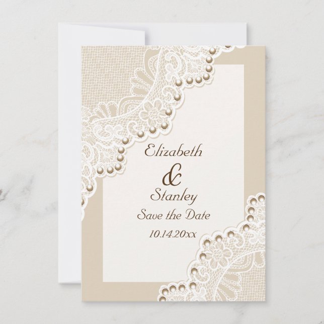 Reserve A Data Lace branco com pérolas casamento Salve a data (Frente)