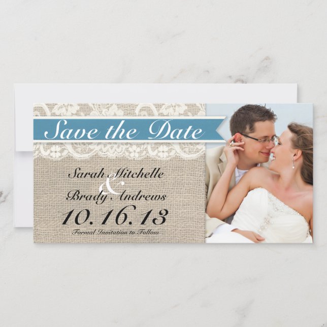 Reserve A Data Lace & Burlap Look Save Date - Mediterrâneo (Frente)
