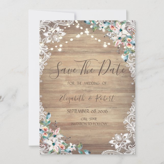 Reserve A Data Lace Flowers Wood Texture, Lights Save The Date (Frente)
