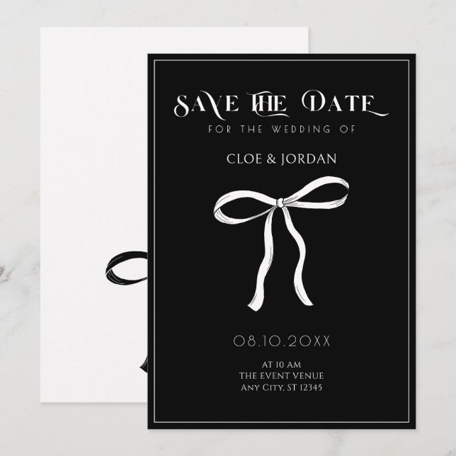 Reserve A Data Laço de arco de casamento preto e branco (Frente/Verso)