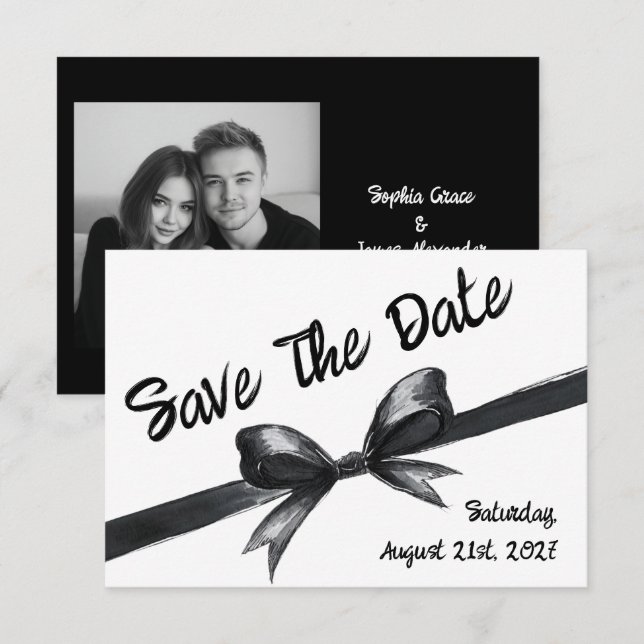 Reserve A Data Laço Preto e Branco | Casamento Elegante | Monocro (Frente/Verso)