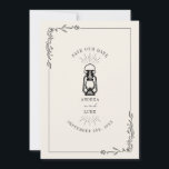 Reserve A Data Lâmpada Rústica Antiga Casamento Salvar A Data<br><div class="desc">Ilustração preta de lâmpada de óleo antiga com borda botânica de arte linear. O fundo é branco esbranquiçado.</div>