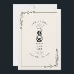 Reserve A Data Lâmpada Rústica Antiga Casamento Salvar A Data<br><div class="desc">Ilustração preta de lâmpada de óleo antiga com borda botânica de arte linear. O fundo é branco esbranquiçado.</div>