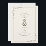 Reserve A Data Lâmpada Rústica Vintage Verde Casamento Salve A Da<br><div class="desc">Ilustração em verde escuro de lâmpada a óleo vintage com borda botânica em arte linear. O fundo é branco esbranquiçado.</div>