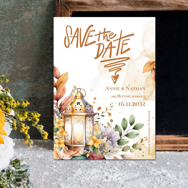 Reserve A Data Lanterna Casamento outono Floral Amarelo Salvar a  (Lantern Yellow Floral Fall Wedding Save the Date Invitation)