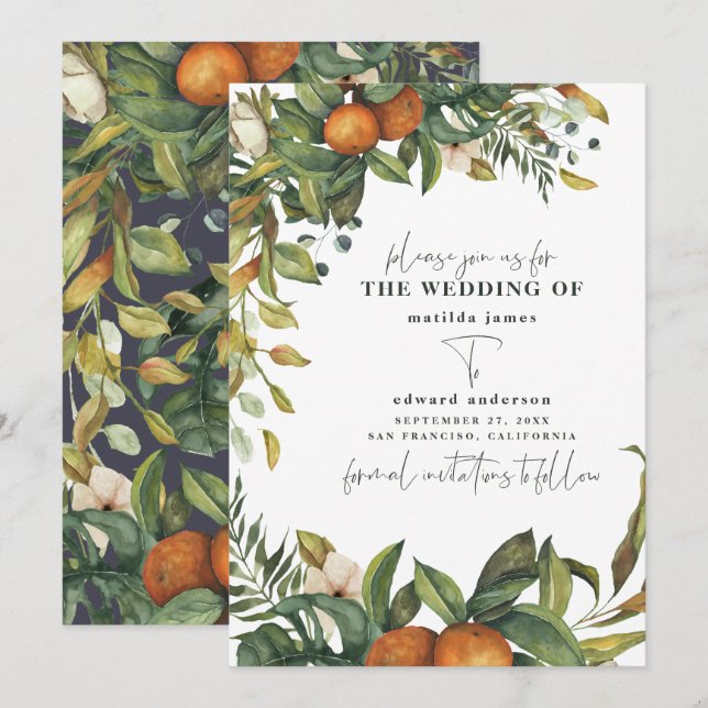 Reserve A Data Laranja cítrica aquarela botânica casamento (Frente/Verso)