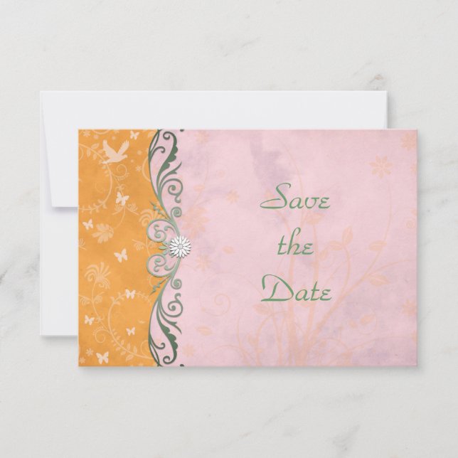 Reserve A Data Laranja e Rosa Floral Casamento Salve a Data (Frente)