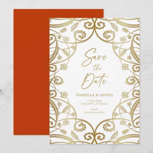 Reserve A Data Laranja Queimado Dourado Glitter Floral Renda Casa (Frente/Verso)