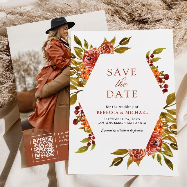 Reserve A Data Laranja Queimado Floral Outono Casamento de Outono (Criador carregado)