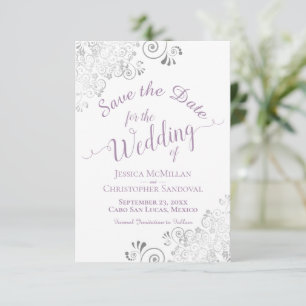 Reserve A Data Lavanda de rendas prateadas elegantes e casamento 