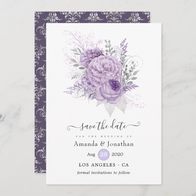 Reserve A Data Lavanda e Casamento Floral de Prata (Frente/Verso)