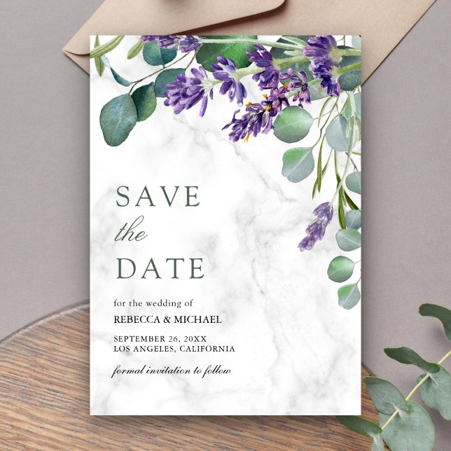 Reserve A Data Lavanda e Eucalipto Casamento em Mármore Branco (Criador carregado)
