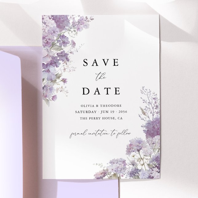 Reserve A Data Lavanda Floral Elegante Casamento Salve a Data Dat (Lavender floral save the date card with watercolor hydrangea, elegant lilac wedding stationery)