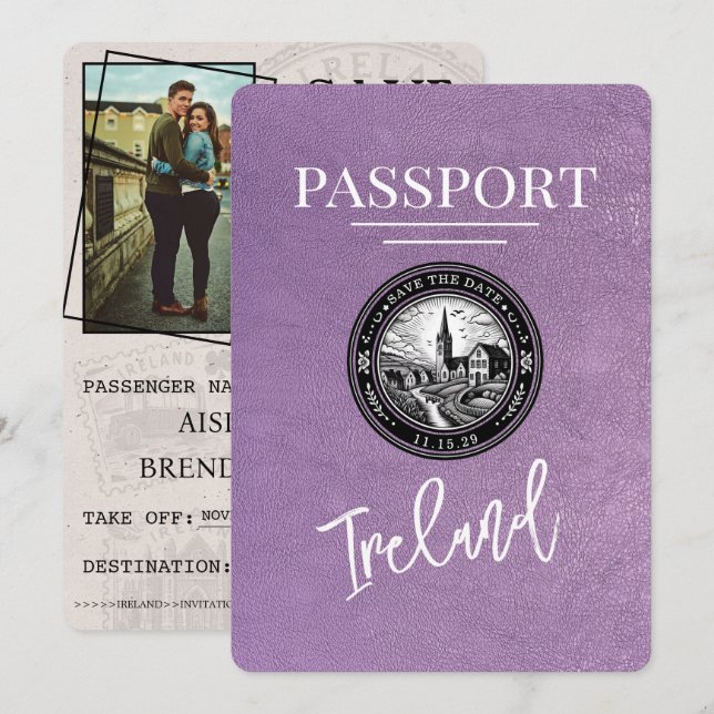 Reserve A Data Lavanda Purple Ireland Passaporte Salvar Data (Frente/Verso)