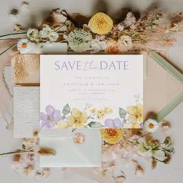 Reserve A Data Lavanda Roxa e Casamento Floral Amarelo