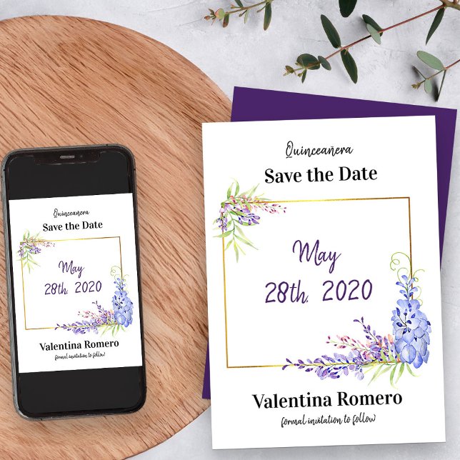 Reserve A Data Lavanda Roxa Wisteria Floral (Save the Date from my Purple Wisteria Quinceanera Collection)