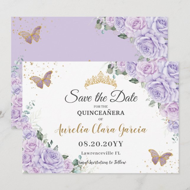 Reserve A Data Lavender Lilac Floral Quinceañera 15 Save the Date (Frente/Verso)