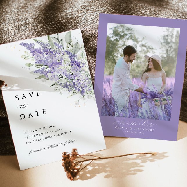 Reserve A Data Lavender & Sage Green Floral Photo Wedding (Lavender & Sage Green photo save the date cards with romantic watercolor floral front & photo back)