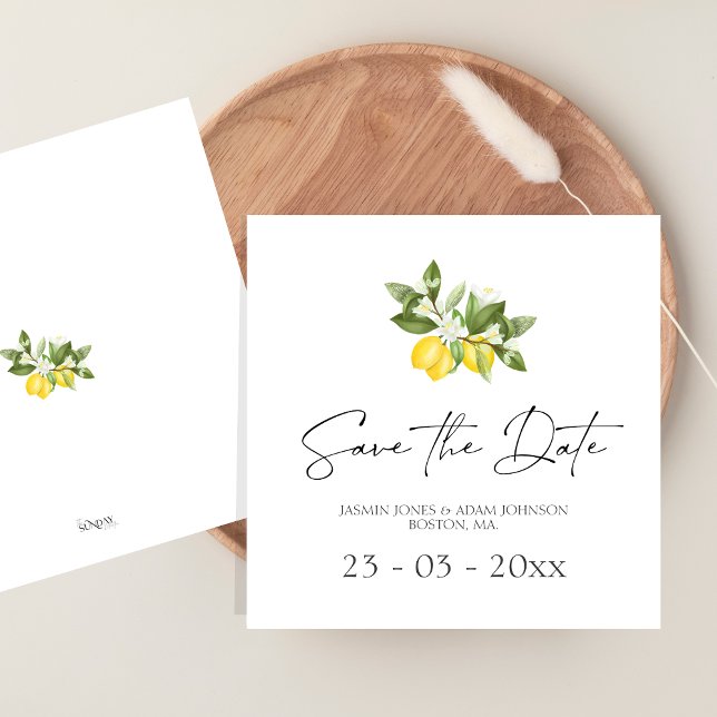 Reserve A Data Lembrança Mínima de Limão para Salvar a Data (Citrus Lemons and Greenery Summer Fruits Wedding Save The Date)