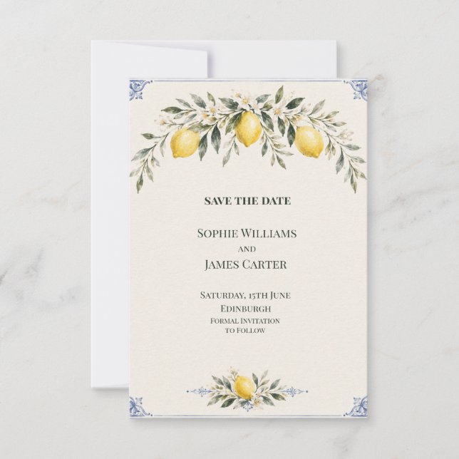 Reserve A Data Lemon Blue Botânico Casamento Save The Date (Frente)